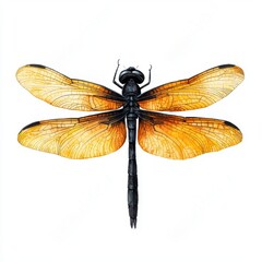 Detailed Illustration of a Dragonfly with Stunning Orange Wings and Intricate Wing Patterns on a White Background