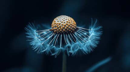 A stunning dandelion showcases intricate ornamentation, glowing softly against a dark backdrop while crickets serenade in the twilight ambiance.