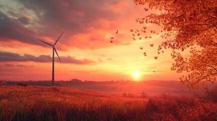 Obraz premium Autumn Sunset with Wind Turbine