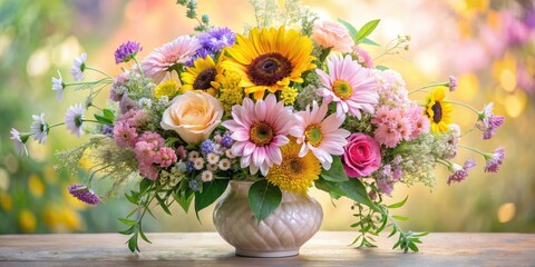 Fototapeta premium A vibrant bouquet of summer blossoms arranged in a delicate vase, showcasing sunflowers, gerbera daisies, roses, and assorted wildflowers, creates a cheerful and romantic atmosphere.