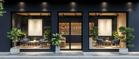 A Modern Cafe Exterior Displaying Furnishings Through Large Windows