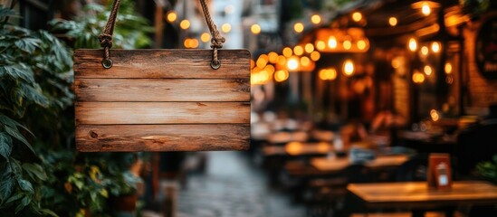 A weathered wooden sign hangs in front of a restaurant