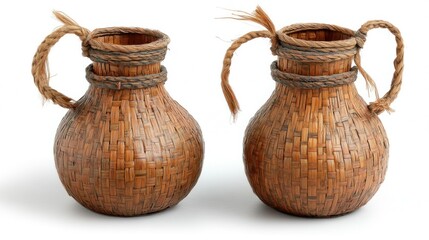 Two hand woven jugs made of natural brown fiber material