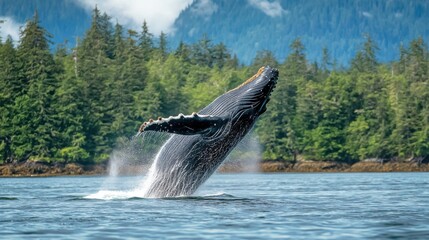 Fototapeta premium Majestic Humpback Whale Breaching Against Lush Forest and Mountain Backdrop in Tranquil Waters of Natural Habitat