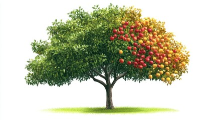 Fototapeta premium Four Seasons Tree, Fruit, Growth, White Background, Nature Illustration