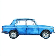 Fototapeta premium Classic Blue Car in Side View with Whimsical Watercolor Style for Vintage Vehicle Illustrations