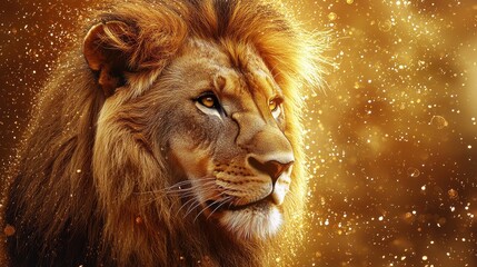 Fototapeta premium Majestic lion portrait with golden bokeh and vibrant lighting, showcasing regal features and intense gaze