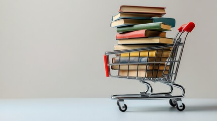 Books stacked in a shopping cart ready for a cozy reading session at home or a local bookstore on a solid white background 