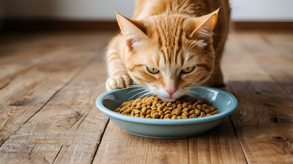 cat in a bowl, Adorable ginger cat eating dry food from bowl on wooden floor, Banner for animal domestic pet food