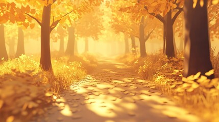 Golden Autumn Path: A Serene Walk Through Sunlit Woods
