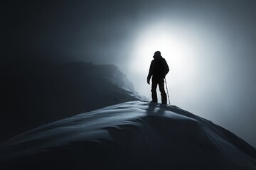 Fototapeta premium A Lone Mountaineer Silhouetted Against A Bright, Misty Summit, Conquering The Peak In A Breathtaking Display Of Determination And Resilience, Under A Dramatic, Ethereal Light