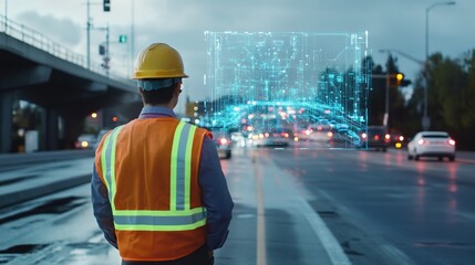 A construction worker stands with a holographic city projection, modern engineering technology concept
