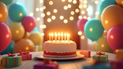 Birthday Cake with Candles and Balloons