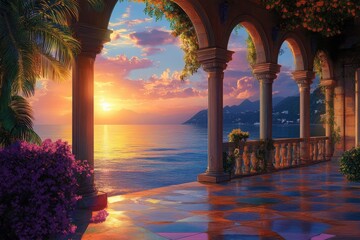 A Breathtaking Mediterranean Sunset Viewed From A Tranquil Stone Colonnade, Bathed In Warm Golden Light And Reflecting On The Polished Floor