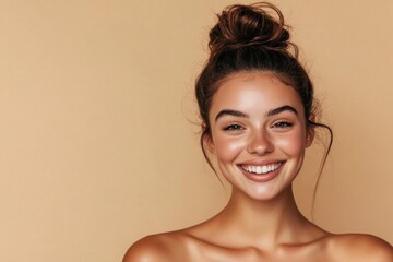 Radiant young woman smiling brightly against a soft beige background. Generated AI