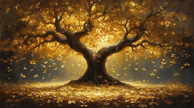 Golden autumn tree with falling leaves and butterflies.