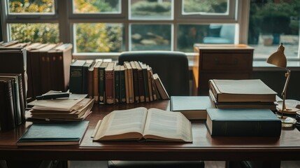 An open book rests on a dark wooden desk in a study