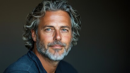 Obraz premium Portrait of a Confident Man with Curly Hair and Beard Against a Dark Background in a Professional Setting
