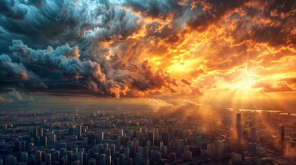 A city skyline illuminated by golden sunlight, with dramatic storm clouds looming over, creating a striking contrast in the sky..