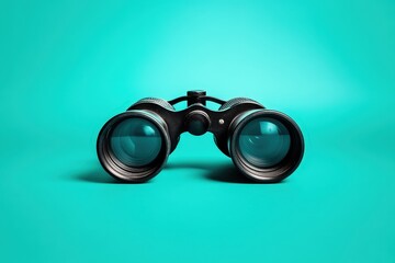Black binoculars sit on a turquoise colored background smoothly