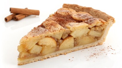Classic Apple Pie Slice with Cinnamon Topping, Isolated on a White Background, Cozy Homemade Dessert Photography emphasizing nostalgia and comfort.