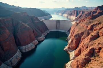 High altitude shot of a large dam holding back a river, hydrology, construction, maintenance