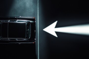 The bottom right corner's long, horizontal rays illuminate white arrows on black backgrounds. Upper left automobile side close-up.