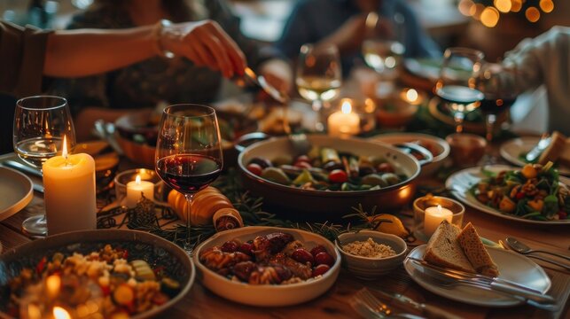 A cozy dinner setting with wine glasses, candles, and a variety of fresh salads, creating a warm and inviting atmosphere..