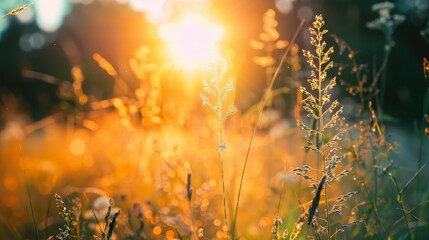 Sunlight illuminates wild grass during golden hour, with a soft bokeh effect creating a peaceful and serene atmosphere..