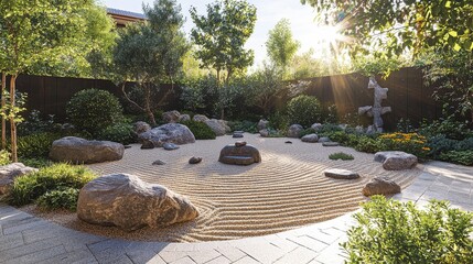 Serene Japanese Zen Garden with Raked Sand, Rocks, and Lush Greenery in Bright Sunshine