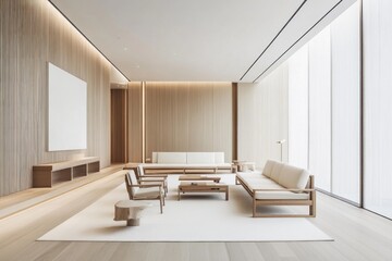 Fototapeta premium Minimalist living room with light wood walls, sofas, and large windows.