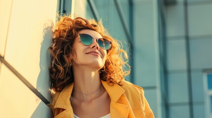 A smiling woman with curly hair enjoys the sunlight on a city street, wearing sunglasses and a yellow jacket against modern buildings..