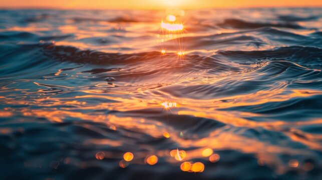 Gentle ocean waves shimmer with the warm reflections of the setting sun, creating a peaceful and calming atmosphere..