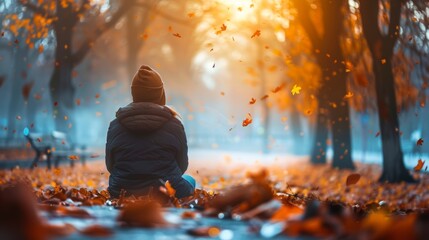 A person sits on a park bench, watching autumn leaves flutter in the air as the golden sunlight illuminates the fall scenery..