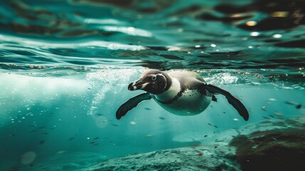 A penguin gracefully swims underwater, gliding through clear, blue water with bubbles and light shining above..