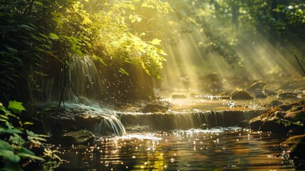 Gentle sunlight illuminates a serene forest waterfall, creating a peaceful atmosphere with shimmering water and lush greenery..