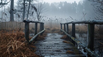 A wooden bridge leads through a foggy, misty forest, with dry grasses on either side, creating a mysterious atmosphere..