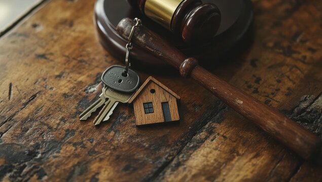 Stylish wooden house keychain on a rustic wooden table next to a gavel representing real estate law, justice, and home ownership concepts