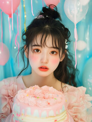 華やかなバースデーガールのポートレートコレクション, カラフルなケーキとバルーンに囲まれた特別な誕生日の瞬間.