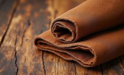Brown leather rolled on vintage wood