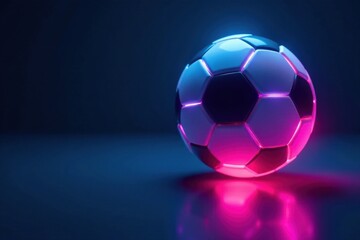 Naklejka premium Futuristic Illuminated Soccer Ball with Vibrant Neon Glow Reflecting on a Dark Surface