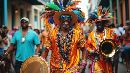 Fototapeta premium Vibrant street festival with dancers in colorful costumes and lively atmosphere celebrating culture and joy in a festive parade