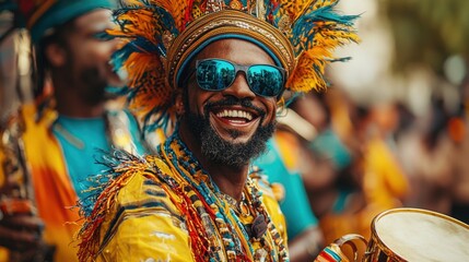 Vibrant Celebration with Joyful Drummer in Colorful Costume at Cultural Festival