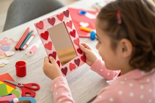 Child creating heart decorated valentine's craft frame at home with colorful art supplies