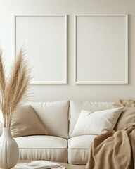 Minimalist living room with pampas grass, white sofa, and two empty frames.