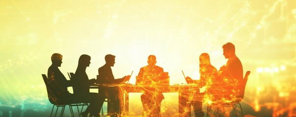 A collaborative team meeting with digital network overlays is visible