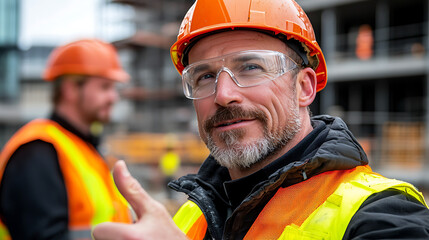 Construction site leadership male engineer directing workers in urban development industrial environment close-up perspective teamwork and safety focus