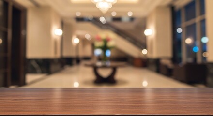 Blurred luxury hotel lobby with warm ambient lighting captures an elegant setting behind a polished wooden tabletop in the foreground