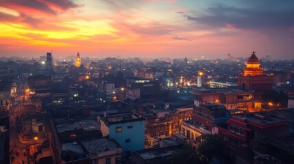 Obraz premium Urban cityscape bathed in warm twilight hues, featuring rooftops, lights, and a dramatic sky