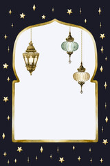 Islamic golden frame with hanging lanterns and stars on white and dark blue background. Watercolor illustration Ramadan
